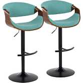 Curvo Adjustable Swivel Bar Stool in Black Metal, Walnut Wood & Teal Fabric (Set of 2)